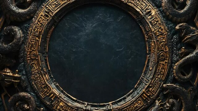 Ancient portal with glowing circle emblem surrounded by intricate patterns and mythical creatures
