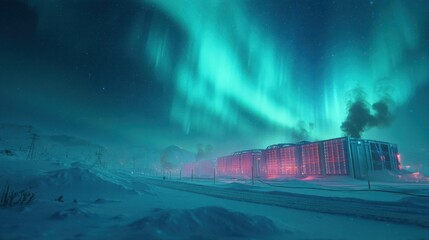 Aurora borealis illuminates a snowy landscape with structures glowing with internal lights, creating a surreal, arctic setting.