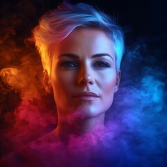 A woman's portrait, illuminated by vibrant, colorful smoke.