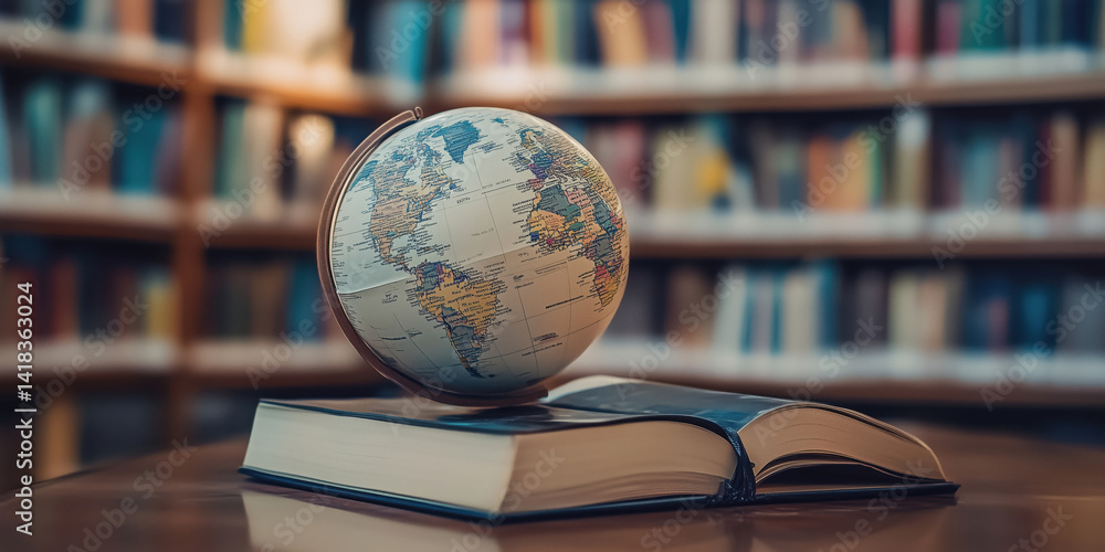 Poster globe on open book in library setting, symbolizing knowledge and exploration.