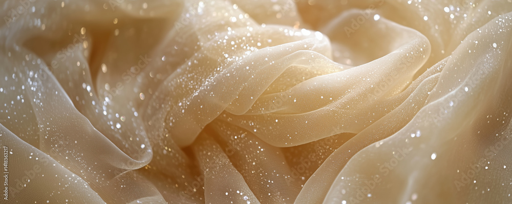 Poster glistening golden fabric with shimmering sparkles, soft folds and delicate texture, creating an ethe