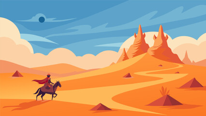 Riding through a mystical desert trying to avoid sandstorms and outpace flying carpets.. Vector illustration