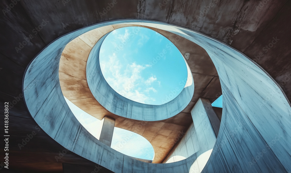 Poster abstract architectural design featuring circular concrete structures and blue sky.