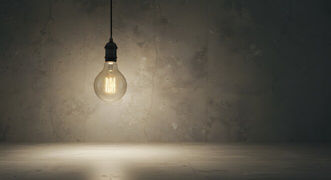 ingle hanging light bulb in an empty room with concrete walls, minimalist lighting concept