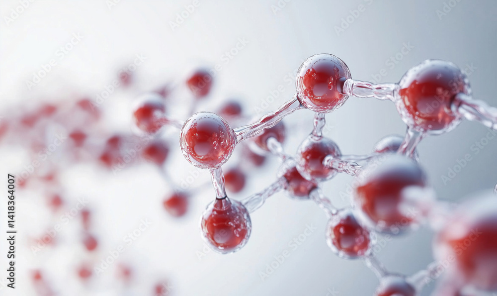 Poster molecular structure visualization with red and transparent atoms, scientific representation of chemi