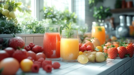 Refreshing Fruit Juices and Berries on a Sunny Kitchen Counter