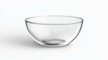 A clear glass bowl sits on a white background, clean and minimalistic.