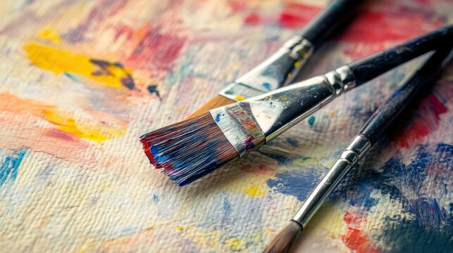 Close-up of paintbrushes lying on a colorful painted canvas, art supplies. - Powered by Adobe