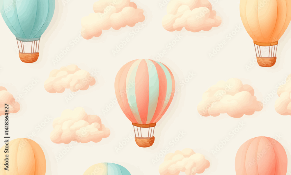 Poster seamless pattern with colorful hot air balloons and fluffy clouds on a light background, creating a 