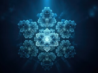 Fototapeta premium Abstract fractal design of interconnected, intricate blue shapes creates a mesmerizing, symmetrical pattern against a dark blue background.