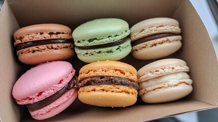 A box of colorful, delicious macarons with chocolate ganache filling.