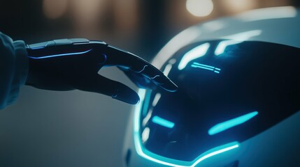 A robotic hand interacting with a glowing, futuristic interface on a machine.