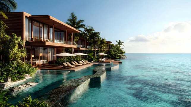 A scenic overlook of a tropical resort, with infinity pools blending seamlessly into the ocean view - Powered by Adobe