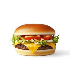 Classic cheeseburger with lettuce and tomato, isolated white background, modern art style