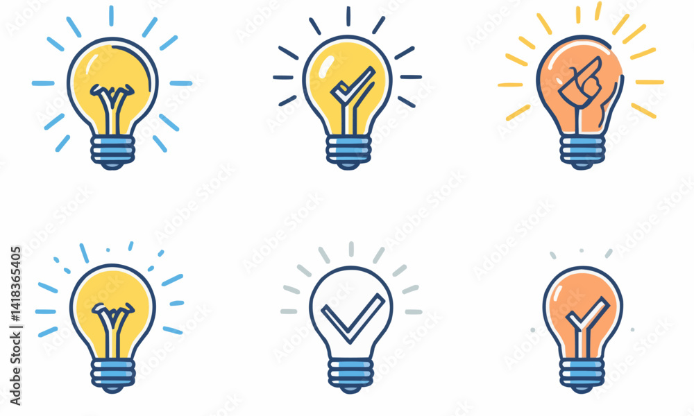 Poster set of light bulb linear icons with rays and check mark. concept of creativity in business.