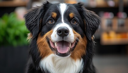 Happy Bernese Mountain Dog portrait in a store setting.