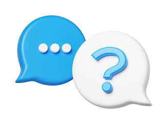 A survey chat speech bubbles with question mark symbol. Clarification, question, FAQ, QA concept. Survey reaction 3d icon illustration isolated on transparent background