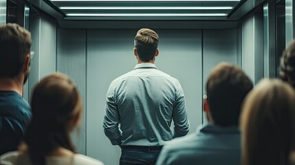 Fototapeta premium A diverse group of people stands in a well-lit, modern office space, engaged in a discussion.