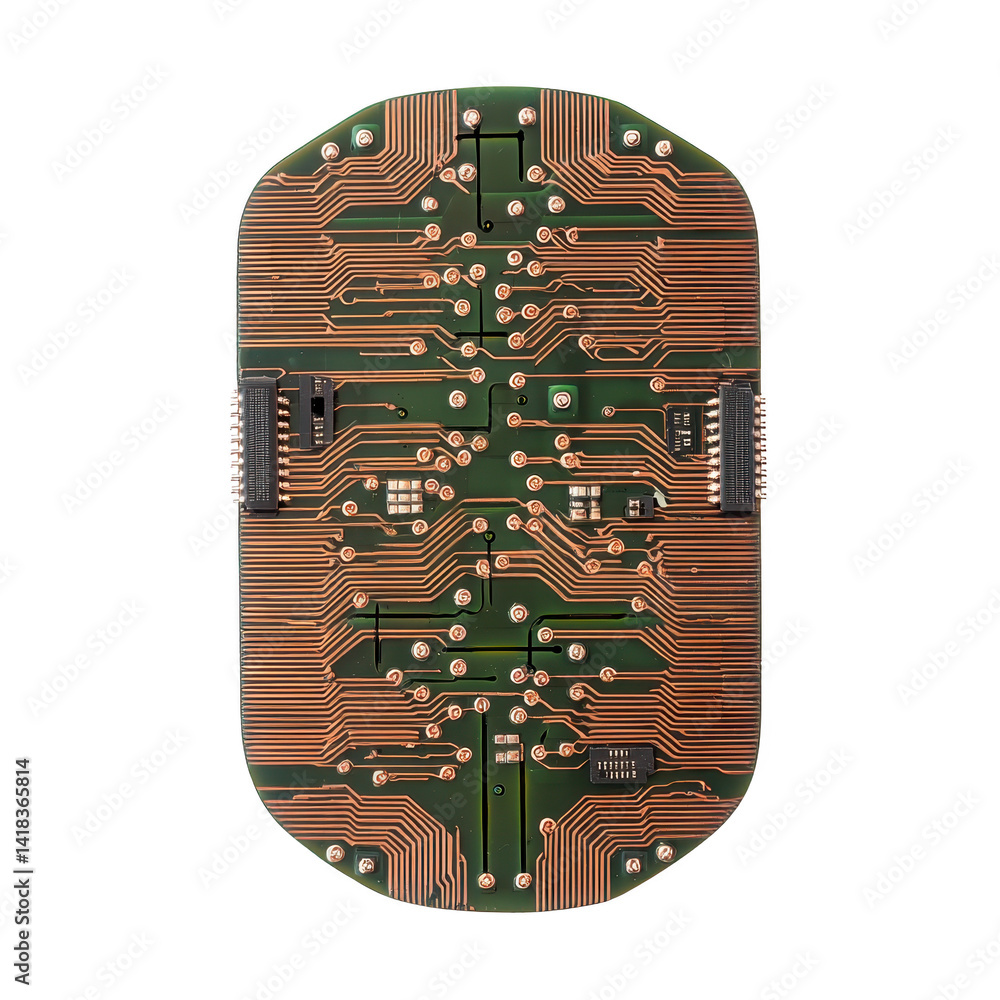 Poster close up of green circuit board with intricate copper pathways and electronic components, showcasing
