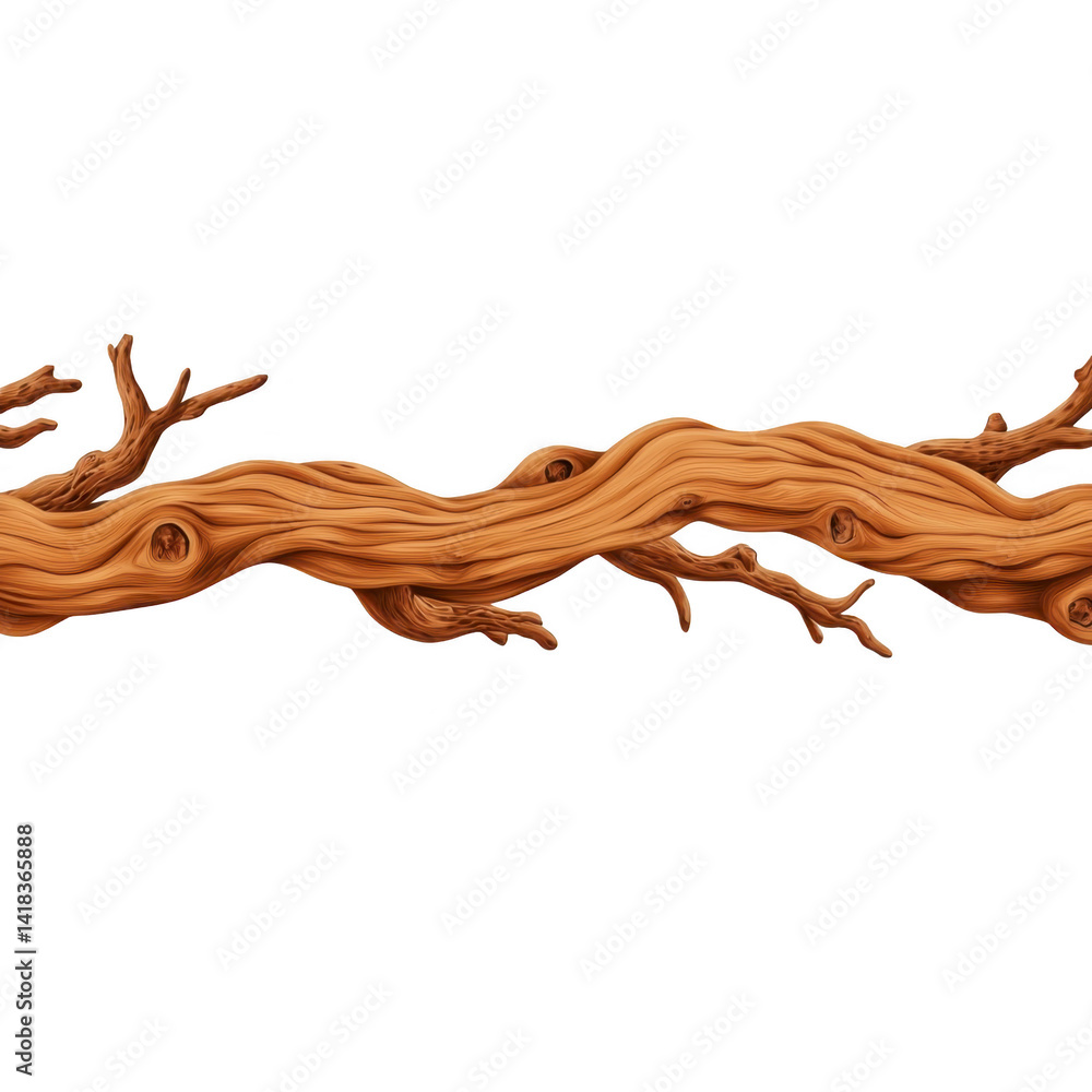 Poster twisted, textured tree branch with intricate details and natural curves, isolated on transparency ba