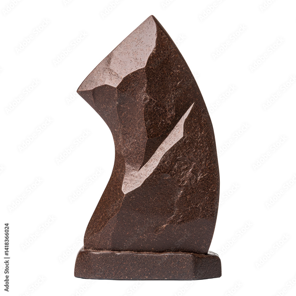 Poster modern abstract sculpture made of dark stone with sharp angles and smooth base, showcasing dynamic a