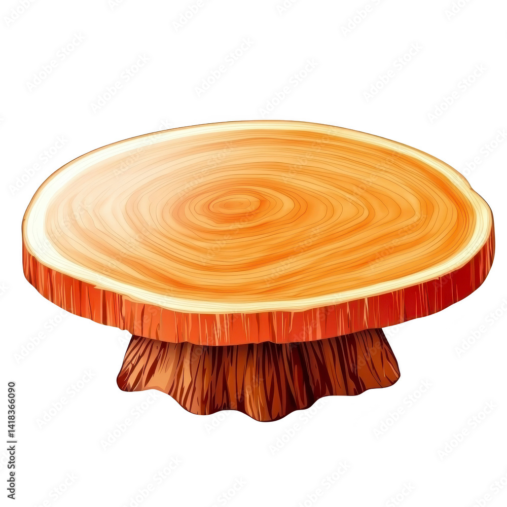 Poster round wooden table with natural finish and rustic design, featuring tree trunk base and smooth surfa
