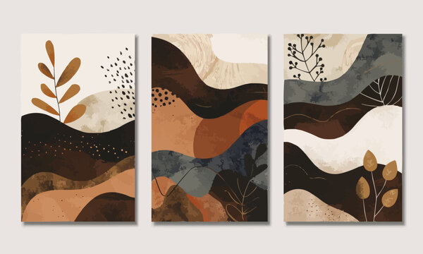 Modern abstract art prints with coffee and nature themes, vector illustrations for home decor