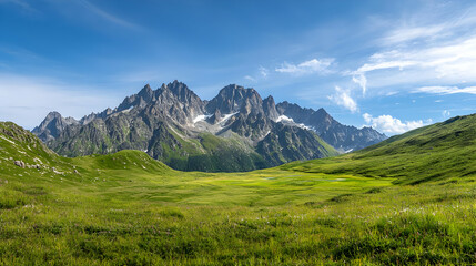 Obraz premium Green Meadow Valley With Mountains Under Blue Sky