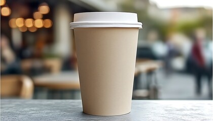 Beige paper coffee cup on outdoor cafe table.