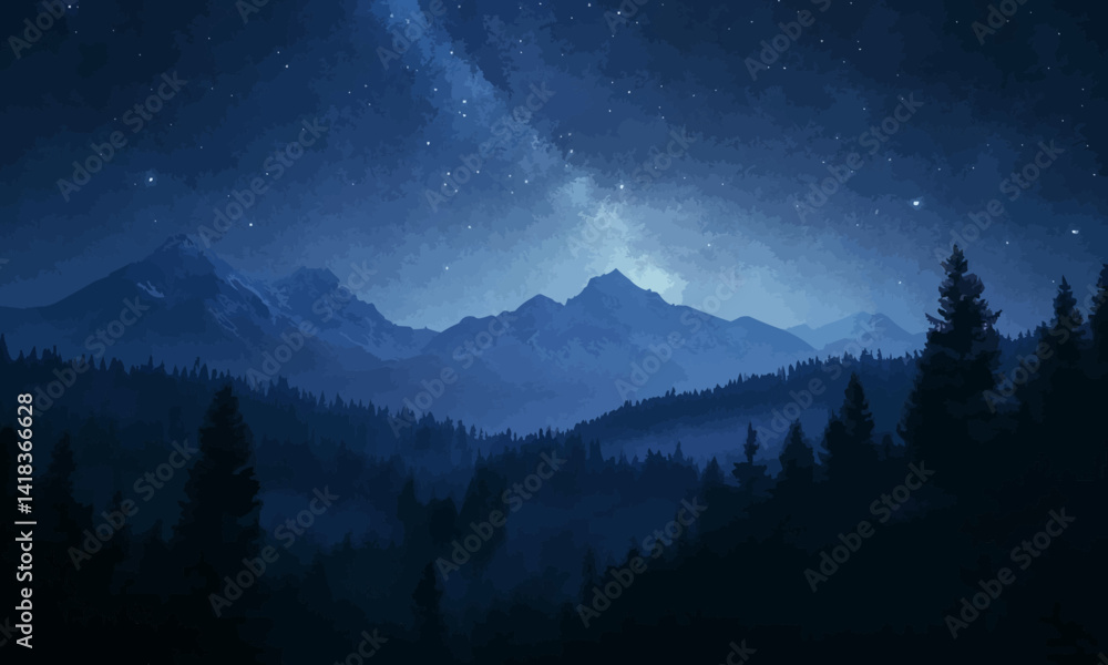 Poster night sky with a dense array of stars and a visible milky way galaxy over a silhouette of a forest a