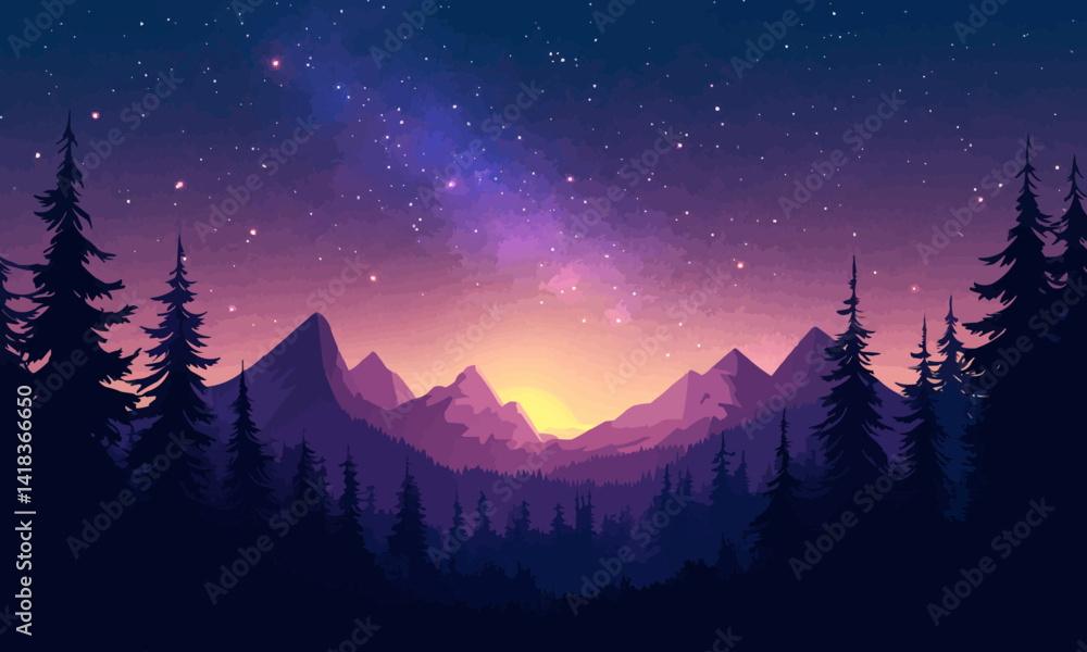 Poster night sky with a dense array of stars and a visible milky way galaxy over a silhouette of a forest a