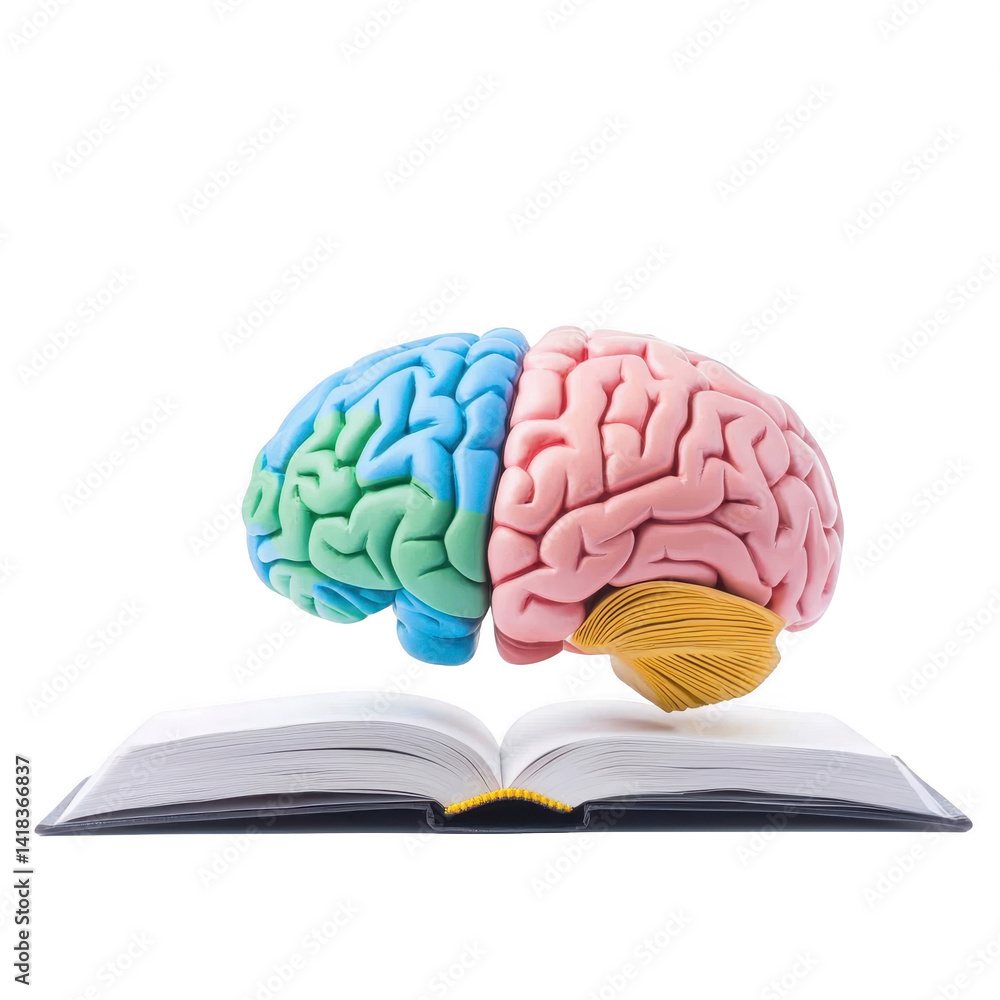 Poster colorful brain model rests on open book, symbolizing connection between knowledge and cognitive proc