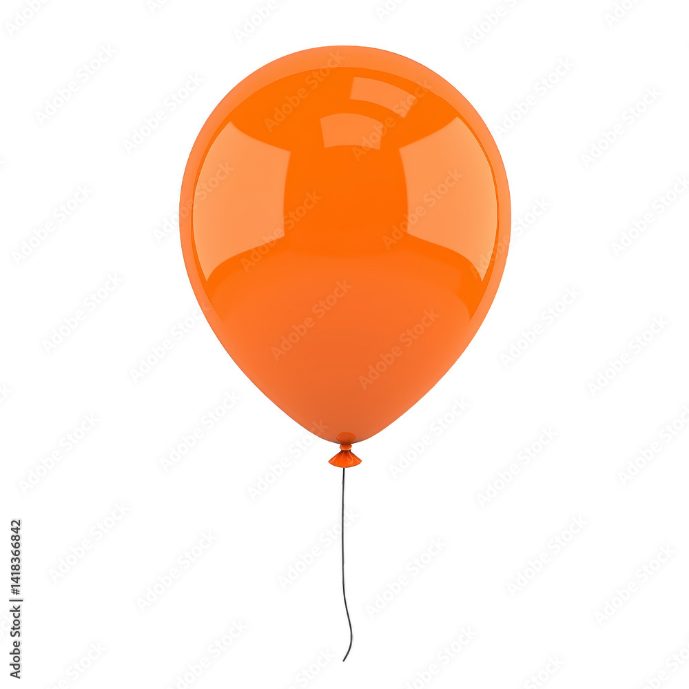 Poster orange balloon with shiny surface and black string is floating against transparency background. ball