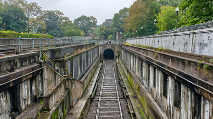 Obraz premium Abandoned Railway Tunnel With Gray Concrete Walls And Green Plants