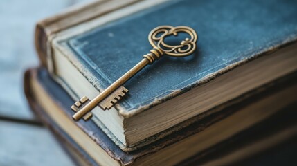 Vintage key resting on stack of old, aged, textured antique books.