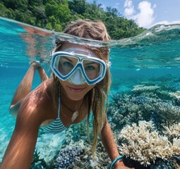 Fototapeta premium A woman wearing goggles and a snorkel is swimming in the sea, surrounded by colorful coral reefs under clear blue water.