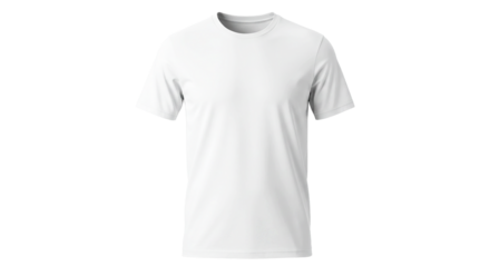 A plain white t shirt with short sleeves displayed against a black background in a studio shot
