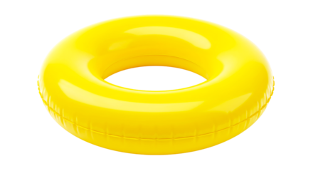 A bright yellow inflatable swim ring floating in a dark space with a smooth and glossy texture look