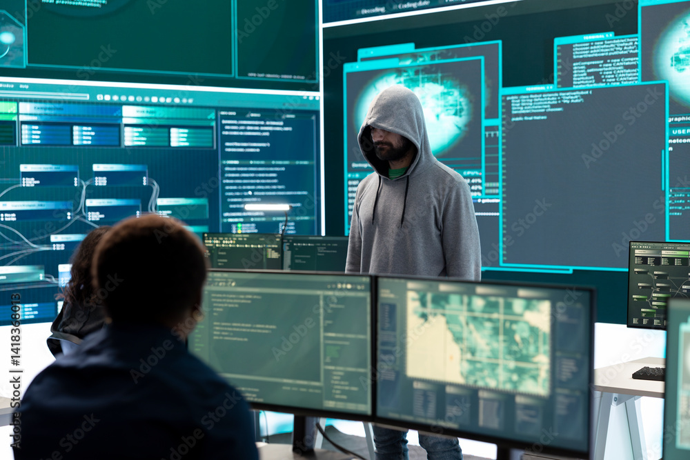 Poster cyber security expert in a national safety operations center detecting cyber attacks or threats. gov