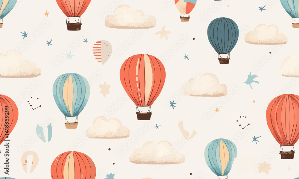 Poster seamless pattern with colorful hot air balloons and fluffy clouds on a light background, creating a 