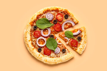 Tasty pizza with basil and tomatoes on beige background