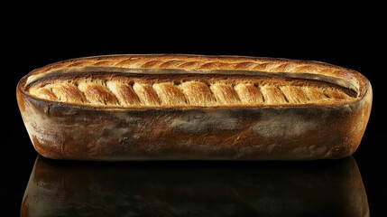 A close-up of a rectangular loaf of artisan bread on a dark background.