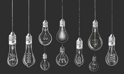 Set of ceiling or hanging light bulb with doodles hand drawn style. different types halogen bulbs set. isolated conceptual vector illustration
