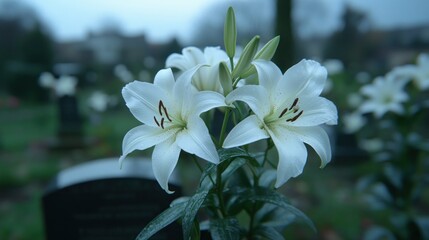 Three pristine white lilies bloom amidst grey tombstones in a somber cemetery