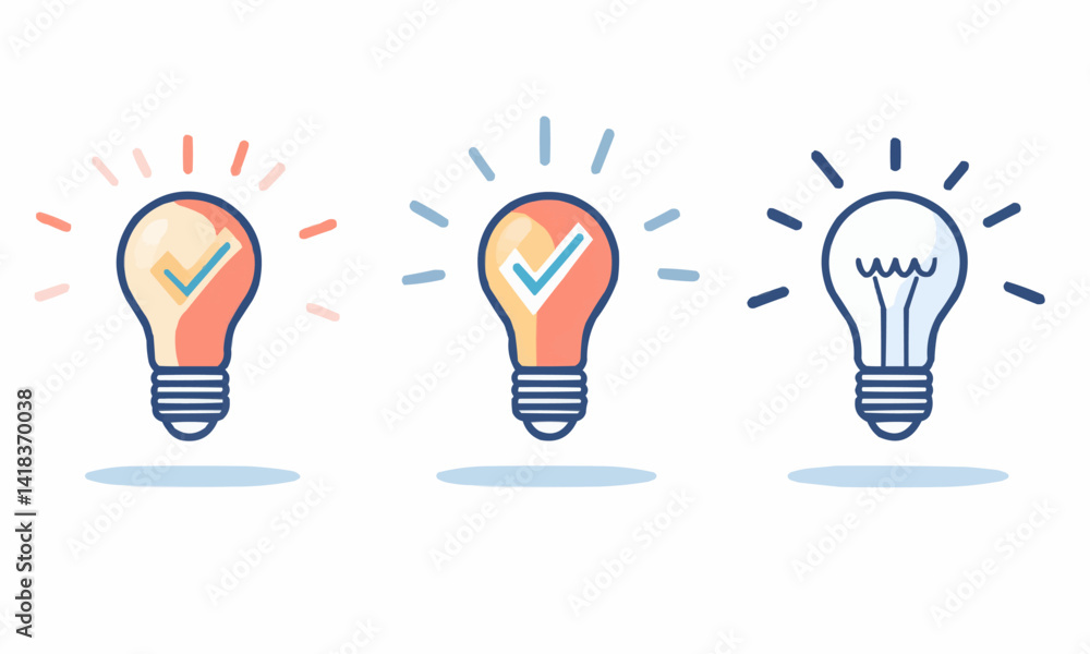 Poster set of light bulb linear icons with rays and check mark. concept of creativity in business.