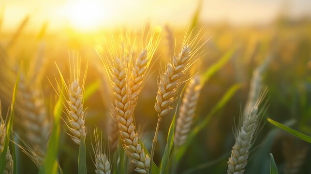 Golden wheat field bathed in warm sunlight, harvest season, agriculture theme
