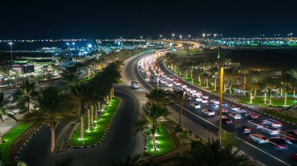 Obraz premium Night highway with cars and illuminated buildings in the distance.