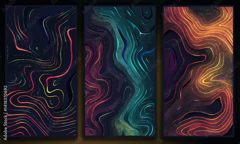 Poster set of colorful cards with abstract monochrome reaction diffusion psychedelic pattern background. or
