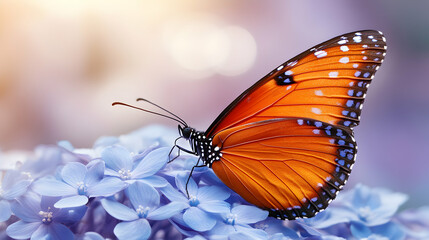 Obraz premium A vibrant orange butterfly with black and white markings delicately perched on a cluster of soft blue hydrangeas, bathed in soft, sunlit ambiance.