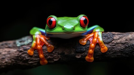 Fototapeta premium Vibrant red-eyed tree frog perched on a branch. Close-up view of a small, colorful amphibian. Brightly colored, with vibrant green body, red eyes, and orange feet, resting on a dark-brown branch